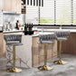 Set of 2 Adjustable Swivel Bar Stools – Grey Velvet, Gold Base
