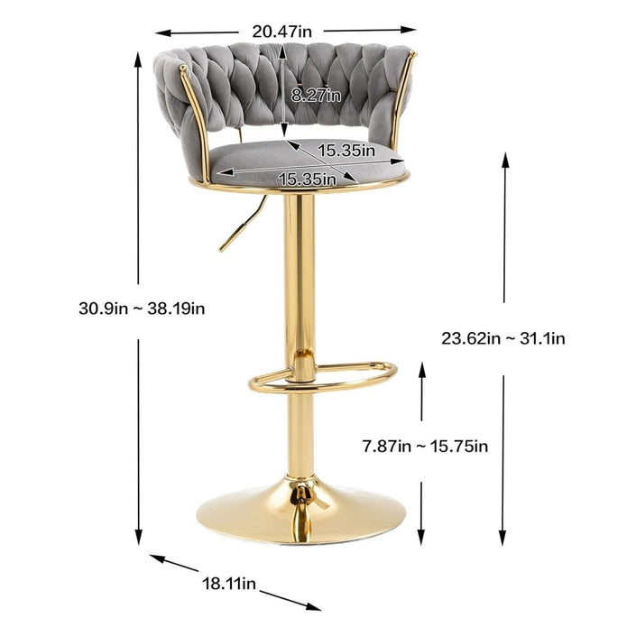Set of 2 Adjustable Swivel Bar Stools – Grey Velvet, Gold Base