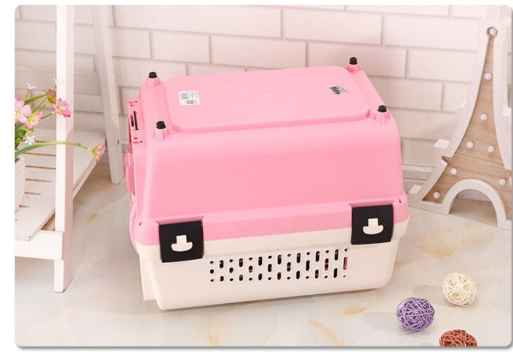 Small Portable Plastic Dog Cat Pet Pets Carrier Travel Cage With Tray-Pink