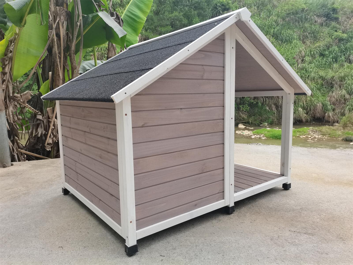 Large Timber Dog Kennel 130x105x100cm – Grey Wooden Cabin