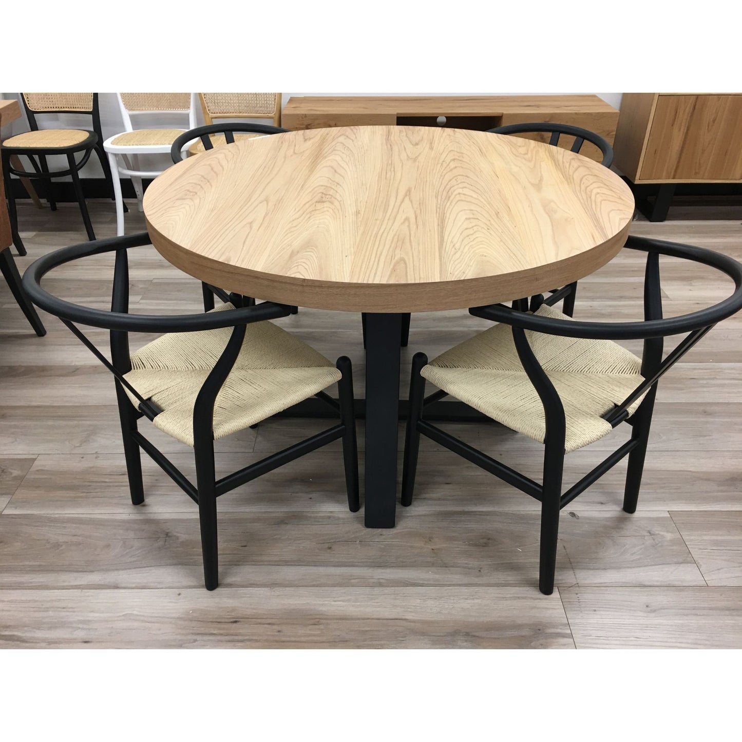 Round Dining Table 120cm Elm Timber Wood Black Metal Leg - Natural