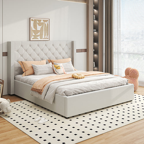 THE VERONICA -  Bed Frame King Size Winged Grey Linen Fabric Seam Grid Pattern with gas lift plywood metal structure