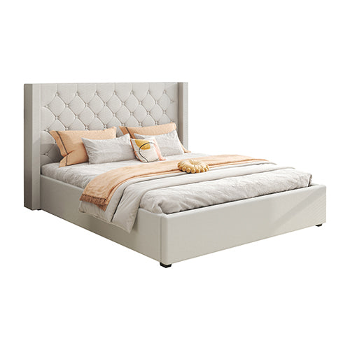 THE VERONICA -  Bed Frame King Size Winged Grey Linen Fabric Seam Grid Pattern with gas lift plywood metal structure