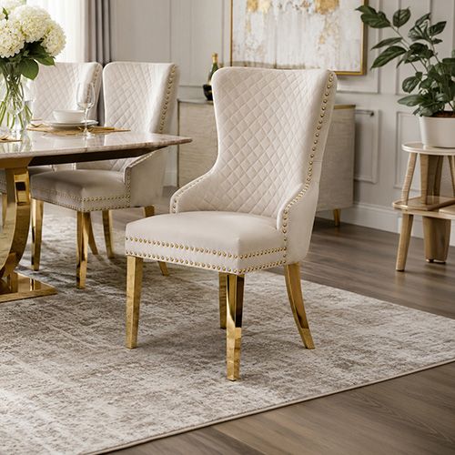 Set of 2 Beige Velvet Dining Chairs – Button Studded, Golden Legs