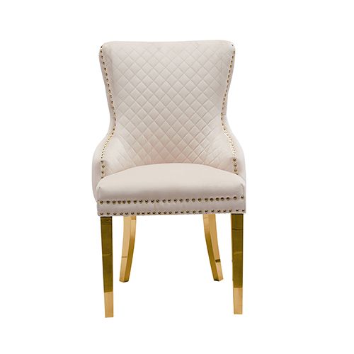 Set of 2 Beige Velvet Dining Chairs – Button Studded, Golden Legs