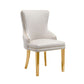 Set of 2 Beige Velvet Dining Chairs – Button Studded, Golden Legs