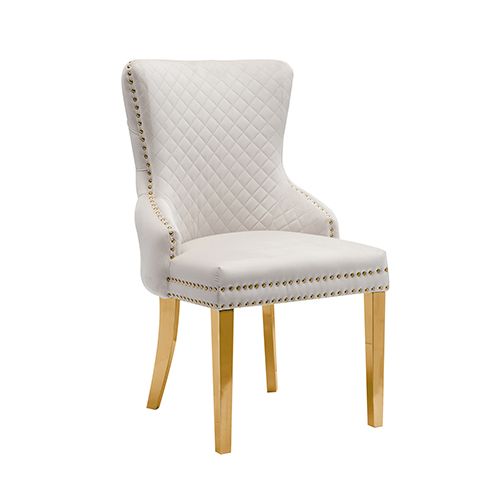 Set of 2 Beige Velvet Dining Chairs – Button Studded, Golden Legs