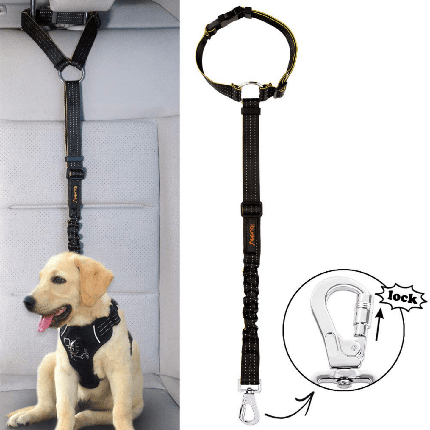 Dog Seat Belt for Cars, Headrest Restraint with Locking Carabiner