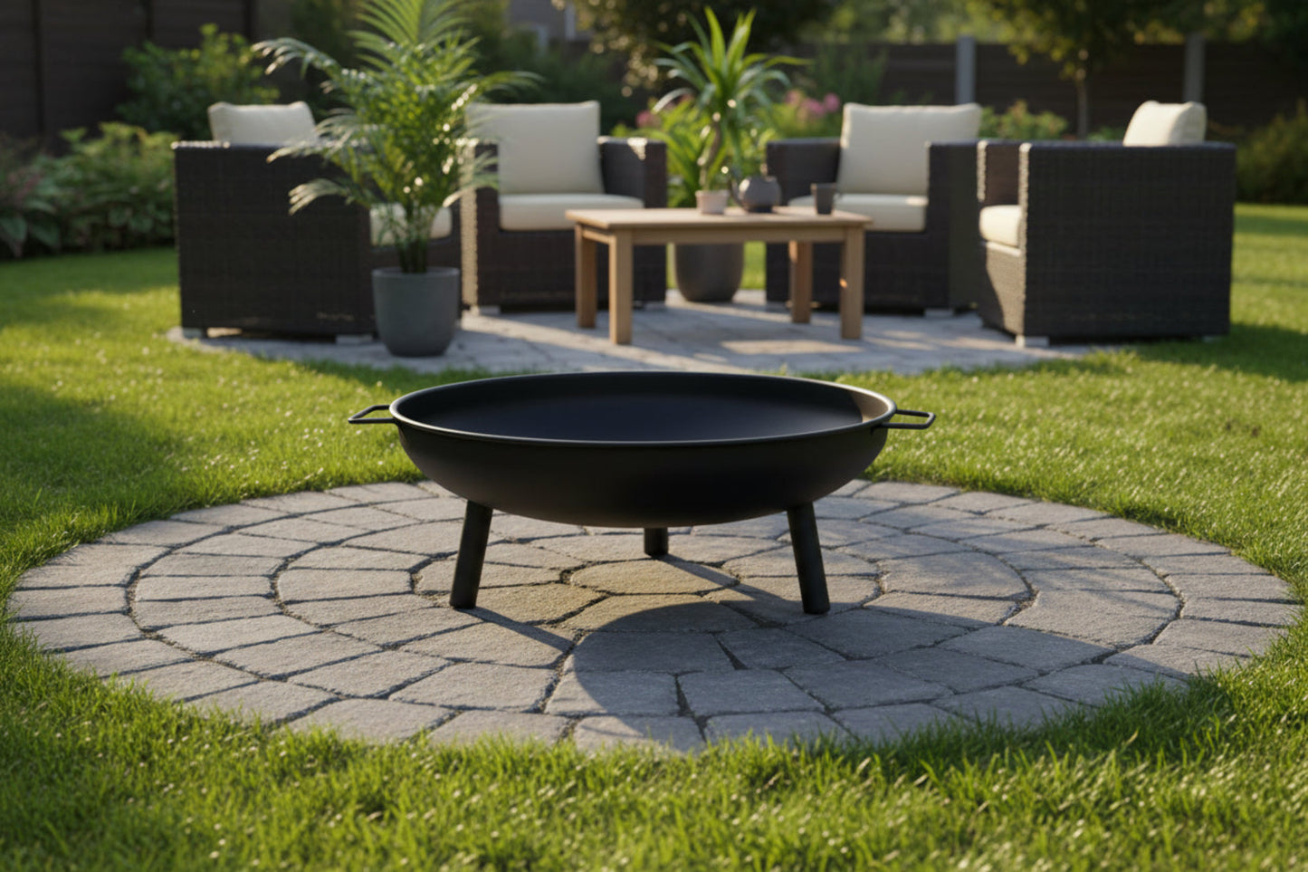 Black fire pit with legs on a white background
