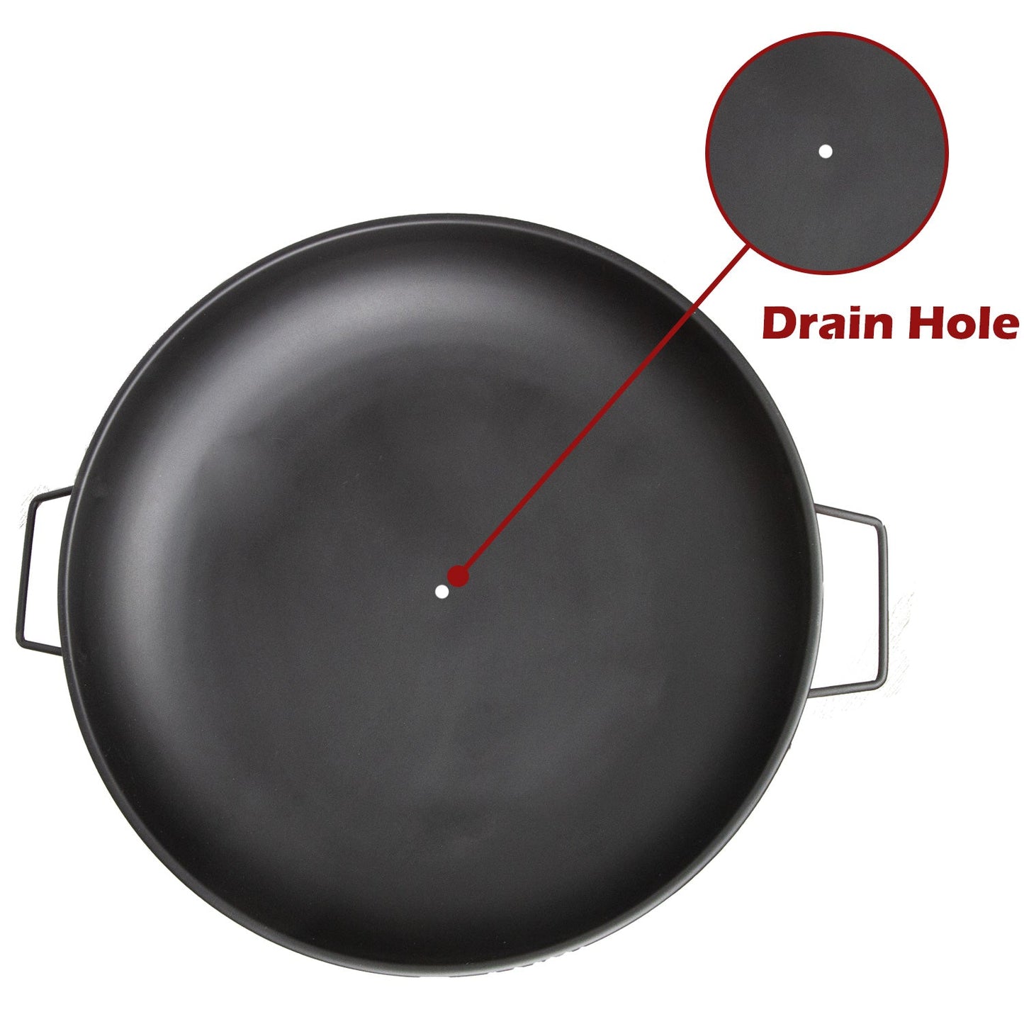 Black frying pan with a drain hole labeled on a white background