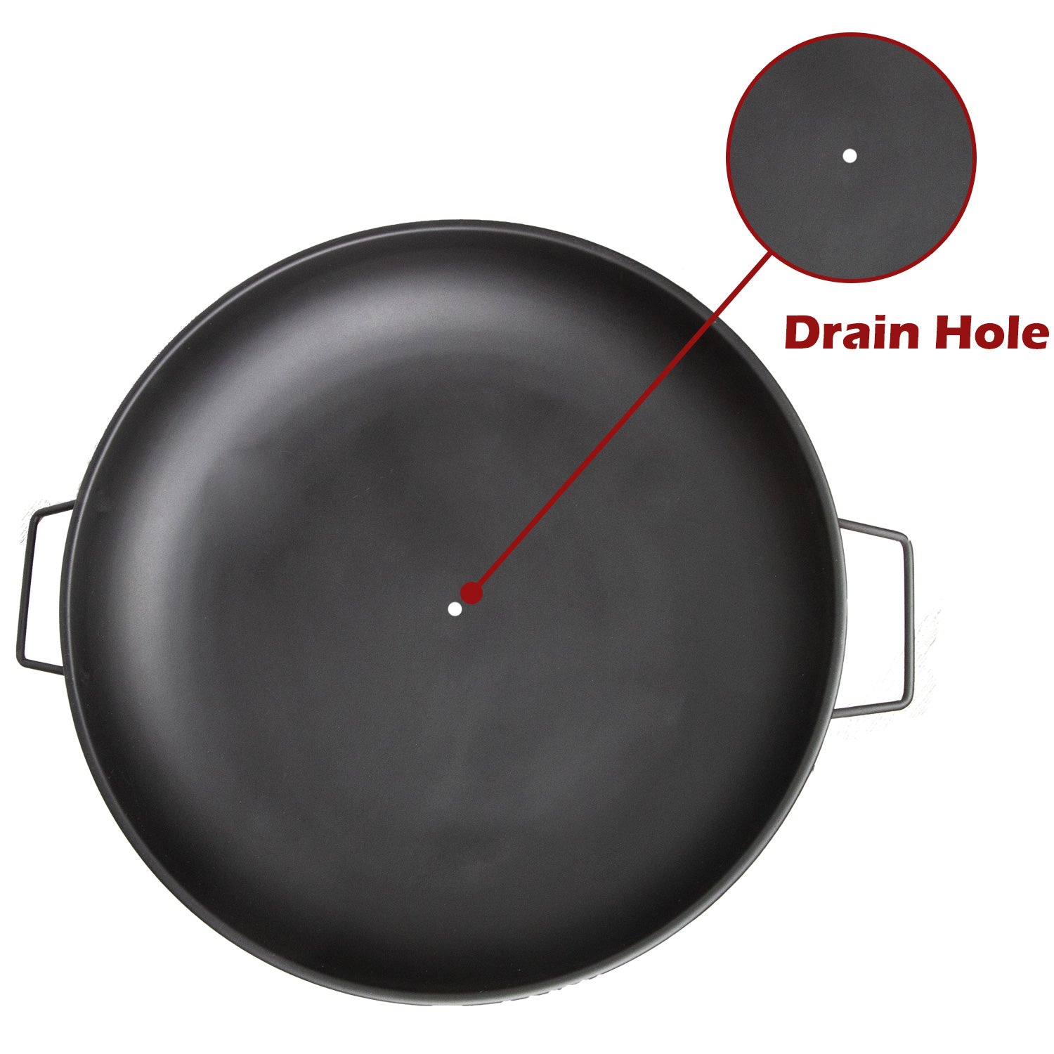 Black frying pan with a drain hole labeled on a white background