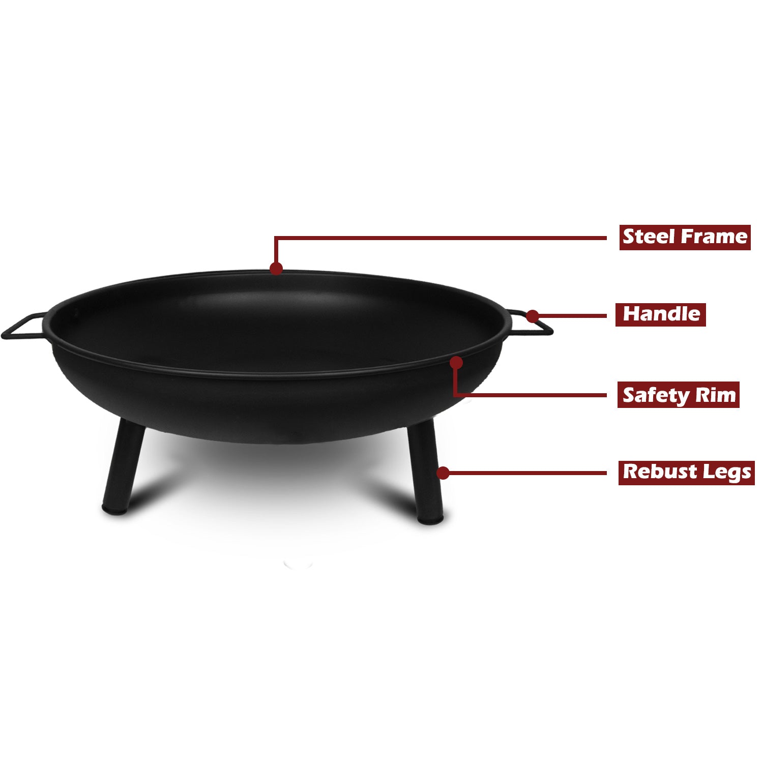 Black fire pit with labeled parts on a white background