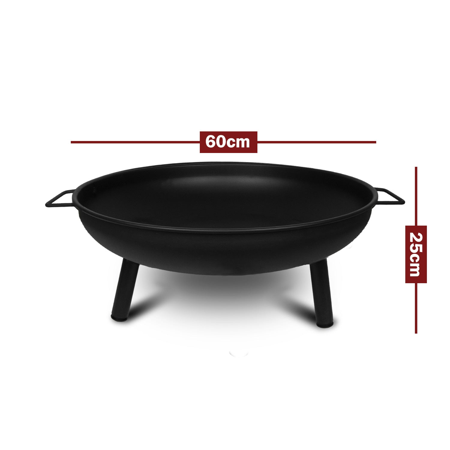 Black fire pit with dimensions indicated on a white background