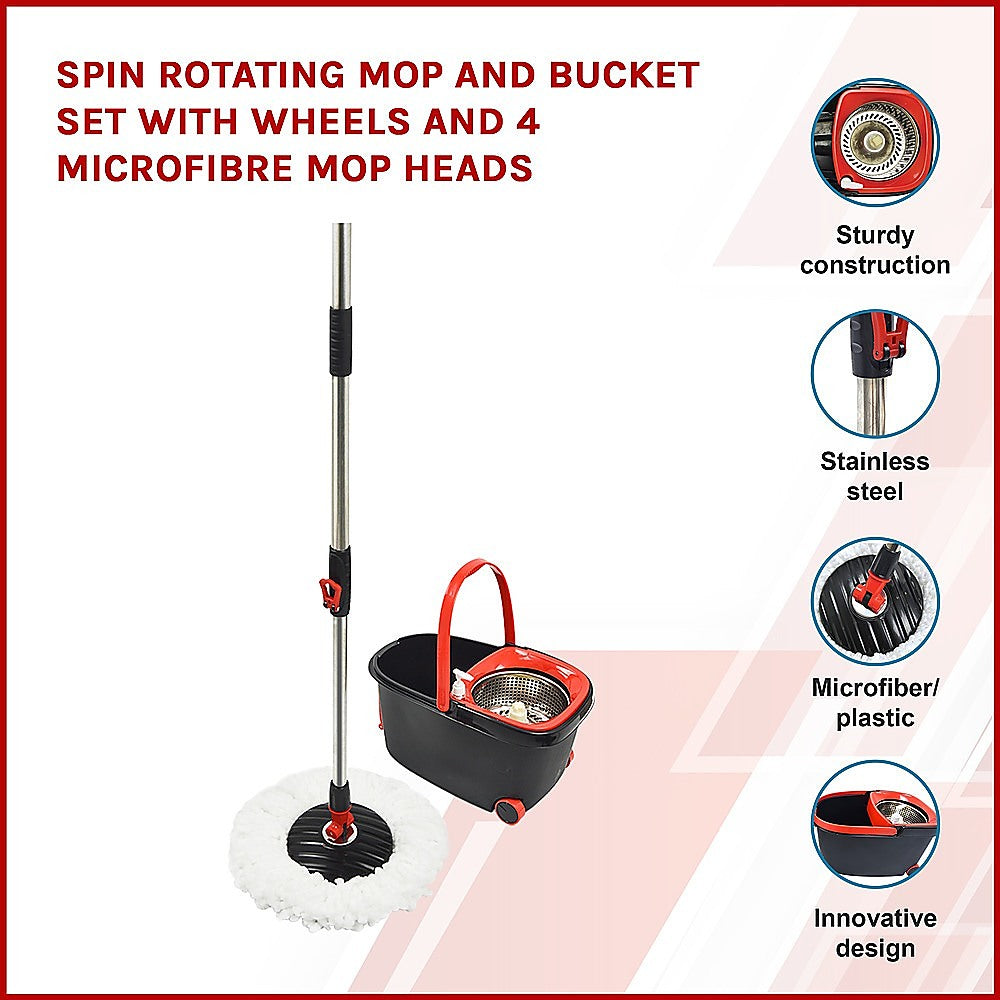 Spin Rotating Mop and Bucket Set with Wheels and 4 Microfibre Mop Heads