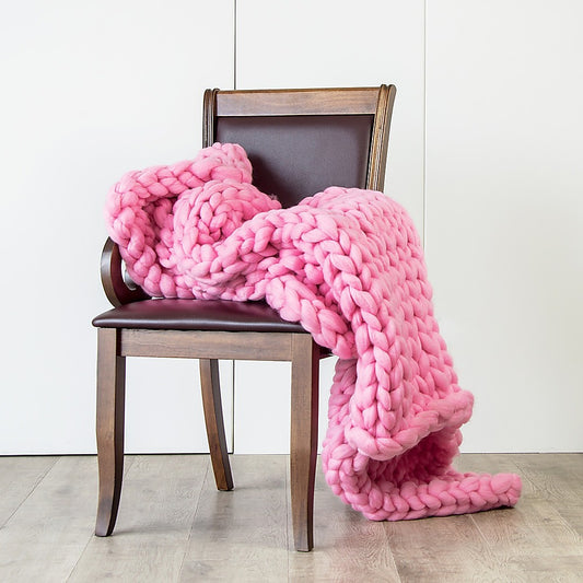 Hand Knitted Chunky Blanket Thick Acrylic Yarn Blanket Home Decor Throw Rug - Pink