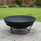 Black metal fire pit with a round design on a white background