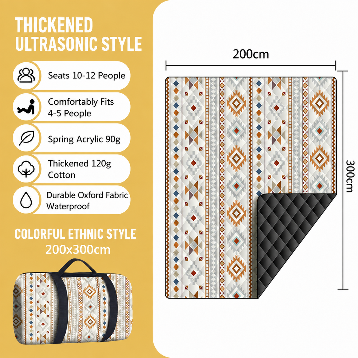 200x300cm Extra Large Waterproof Picnic Blanket – Bohemian Pattern