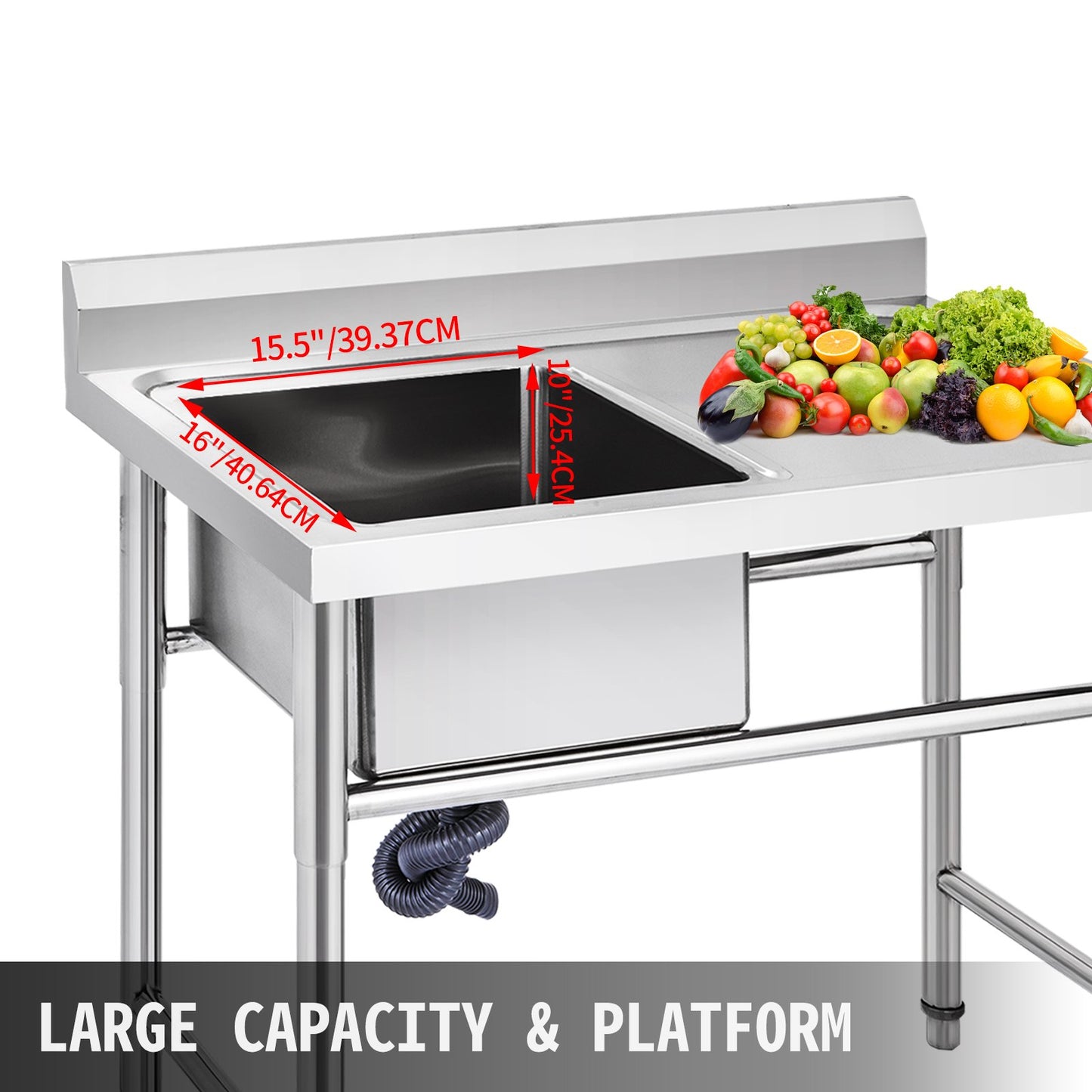 Handmade Sink Non-magnetic Stainless Steel Kitchen Sink Hand Made 1 Compartment 40.6 x 39.4 x 25.4 cm Capacity Huge Tub Sink with Right Hand Platform for Farmhouse Cafe Shop Hospital