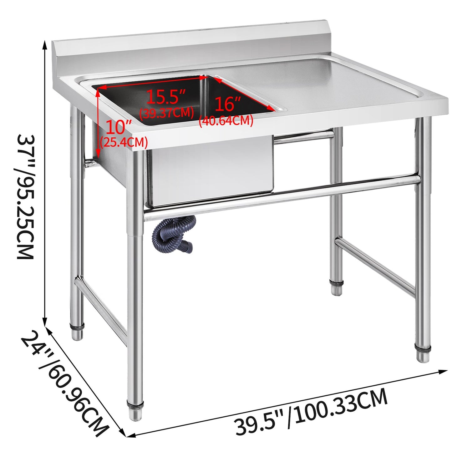 Handmade Sink Non-magnetic Stainless Steel Kitchen Sink Hand Made 1 Compartment 40.6 x 39.4 x 25.4 cm Capacity Huge Tub Sink with Right Hand Platform for Farmhouse Cafe Shop Hospital