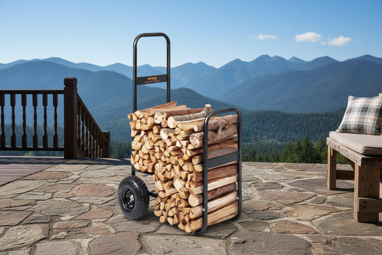 Wooden firewood cart with logs on a white background