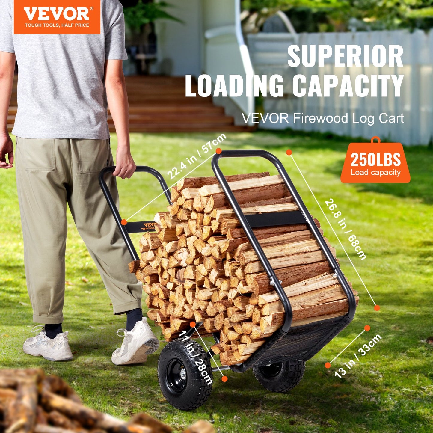 Person pushing a VEVOR firewood log cart filled with wood in a garden setting.