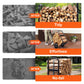 Collage of images showing a wood pile before and after using a wood rack, with text labels 'Tidy', 'Effortless', and 'No-fall'.