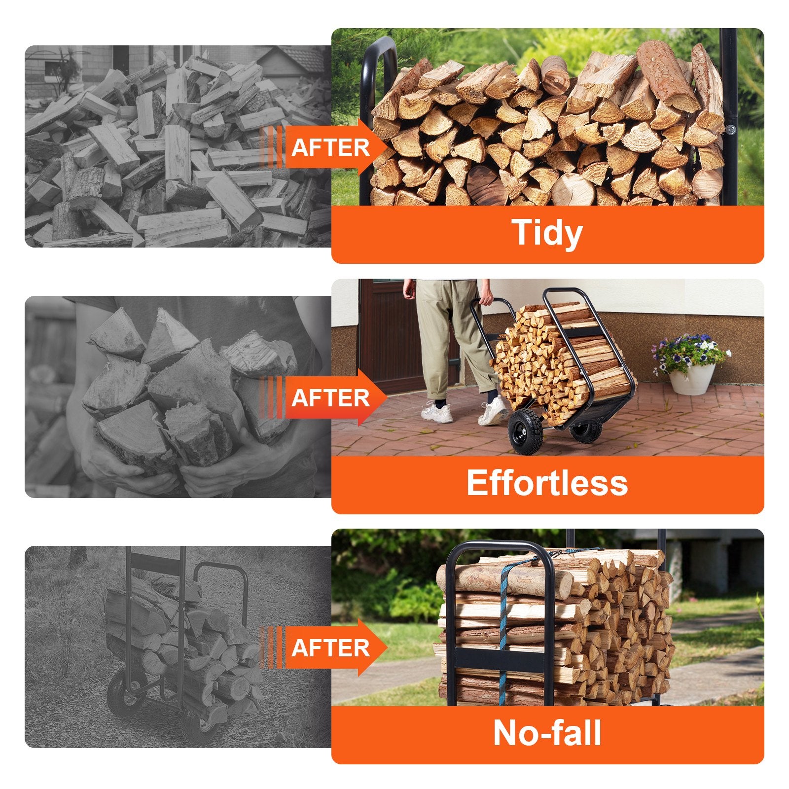 Collage of images showing a wood pile before and after using a wood rack, with text labels 'Tidy', 'Effortless', and 'No-fall'.
