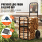 Wood storage cart with logs, bungee cord, and bottom net in a garden setting.