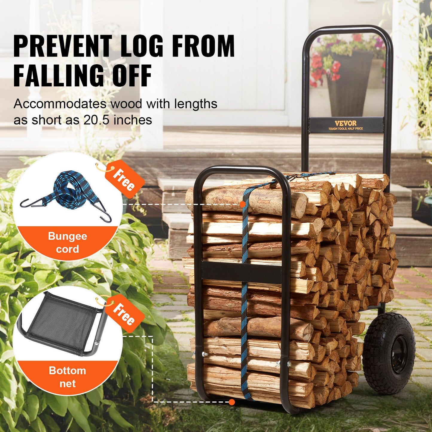 Wood storage cart with logs, bungee cord, and bottom net in a garden setting.