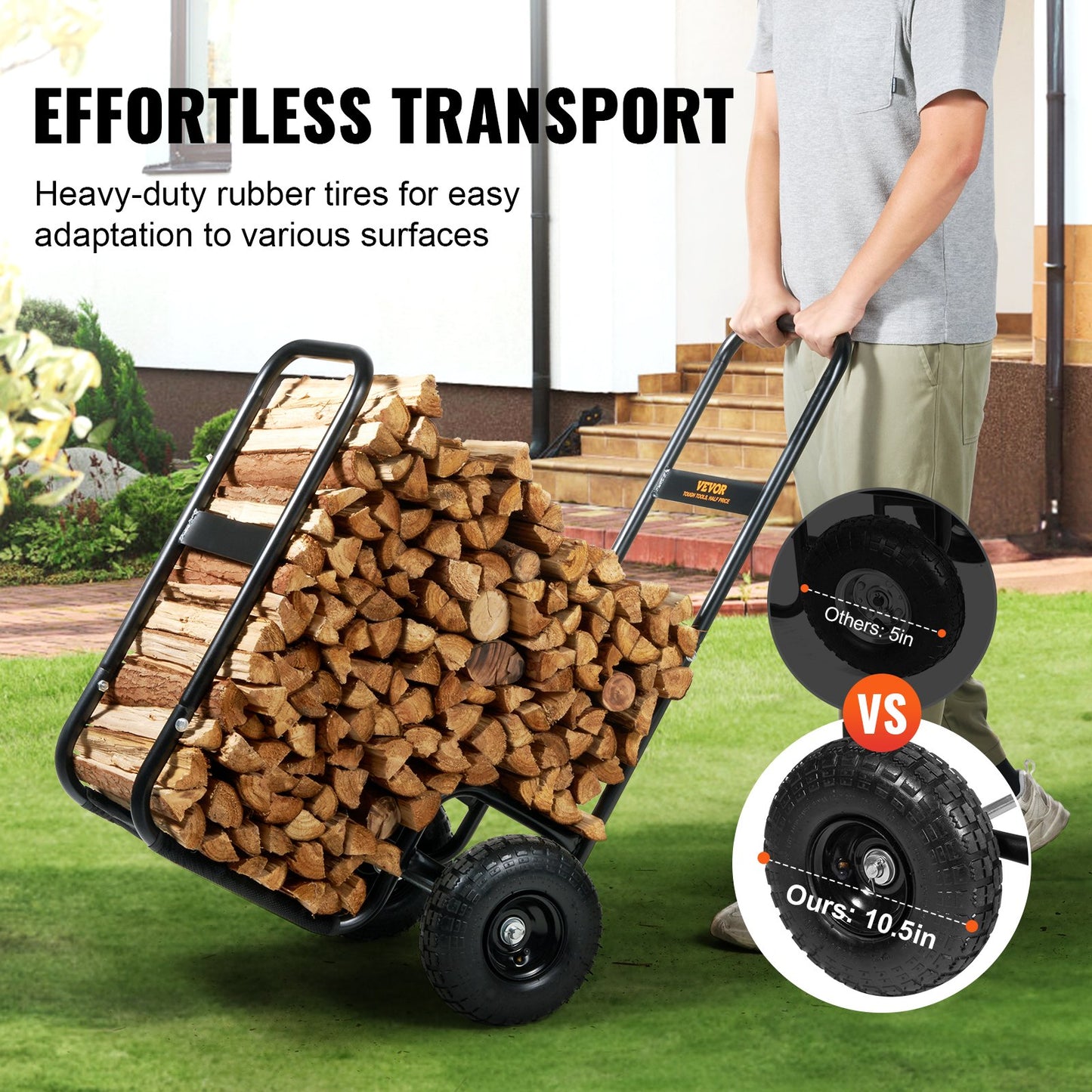 Person pushing a dolly with firewood, emphasizing heavy-duty rubber tires.