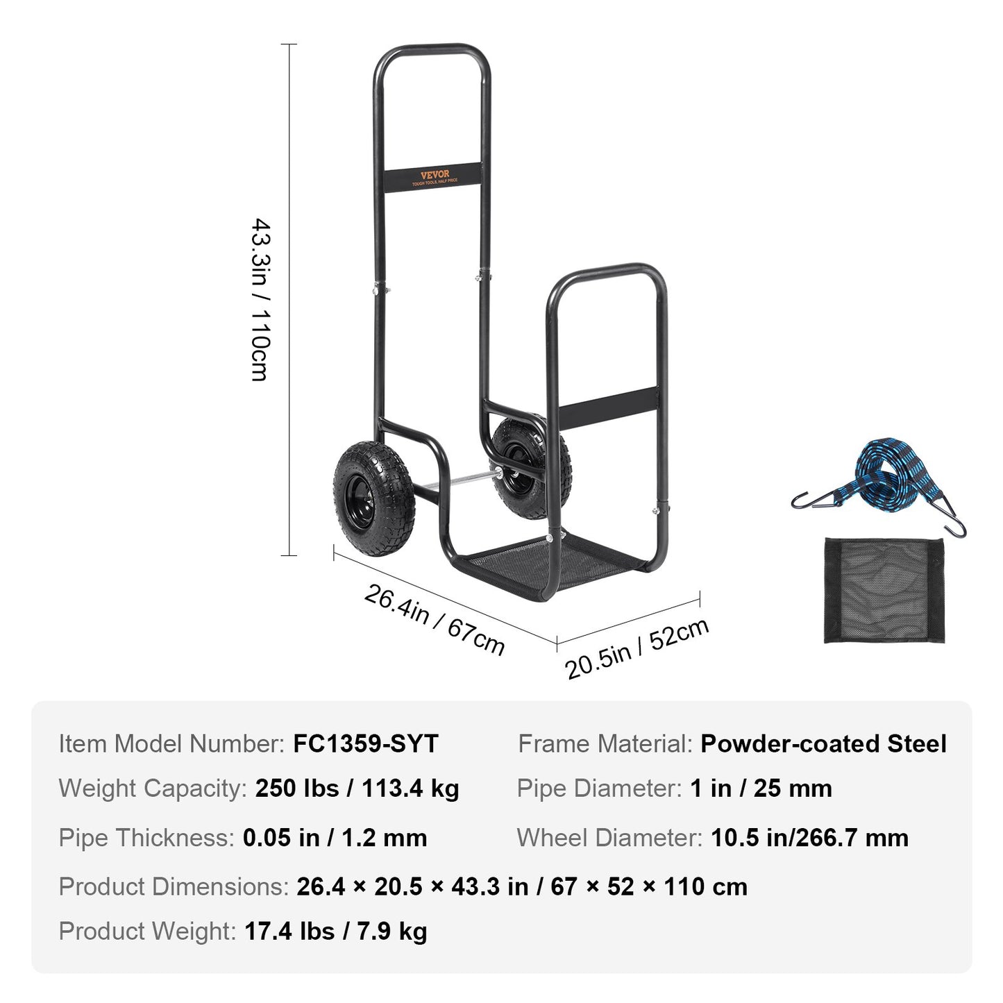 Hand truck with dimensions, weight capacity, and material details on a white background