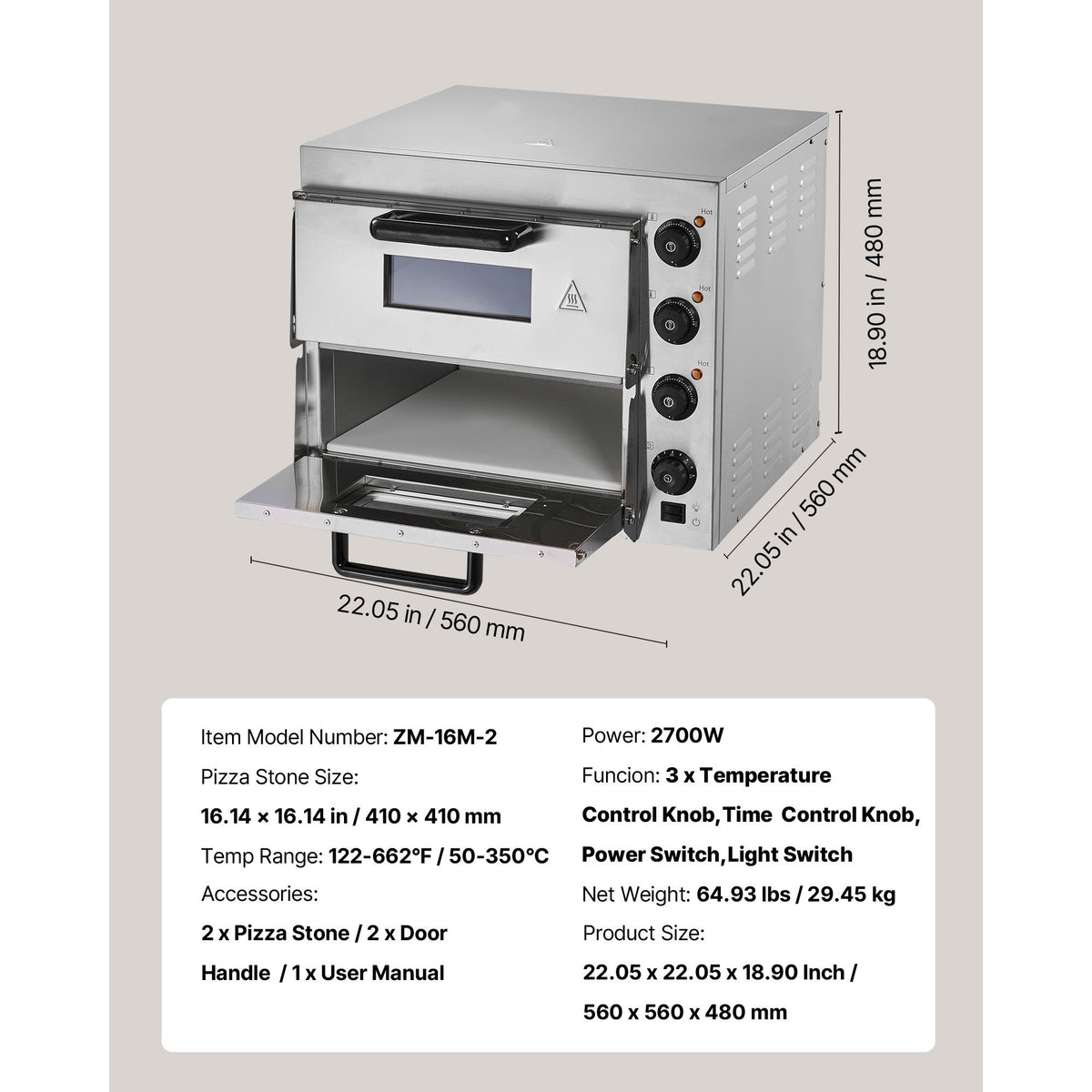 16 Inch Commercial Double Deck Electric Pizza Oven – Stainless Steel