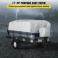 Poncho boat cover protecting a pontoon boat against harsh weather with a stormy background.