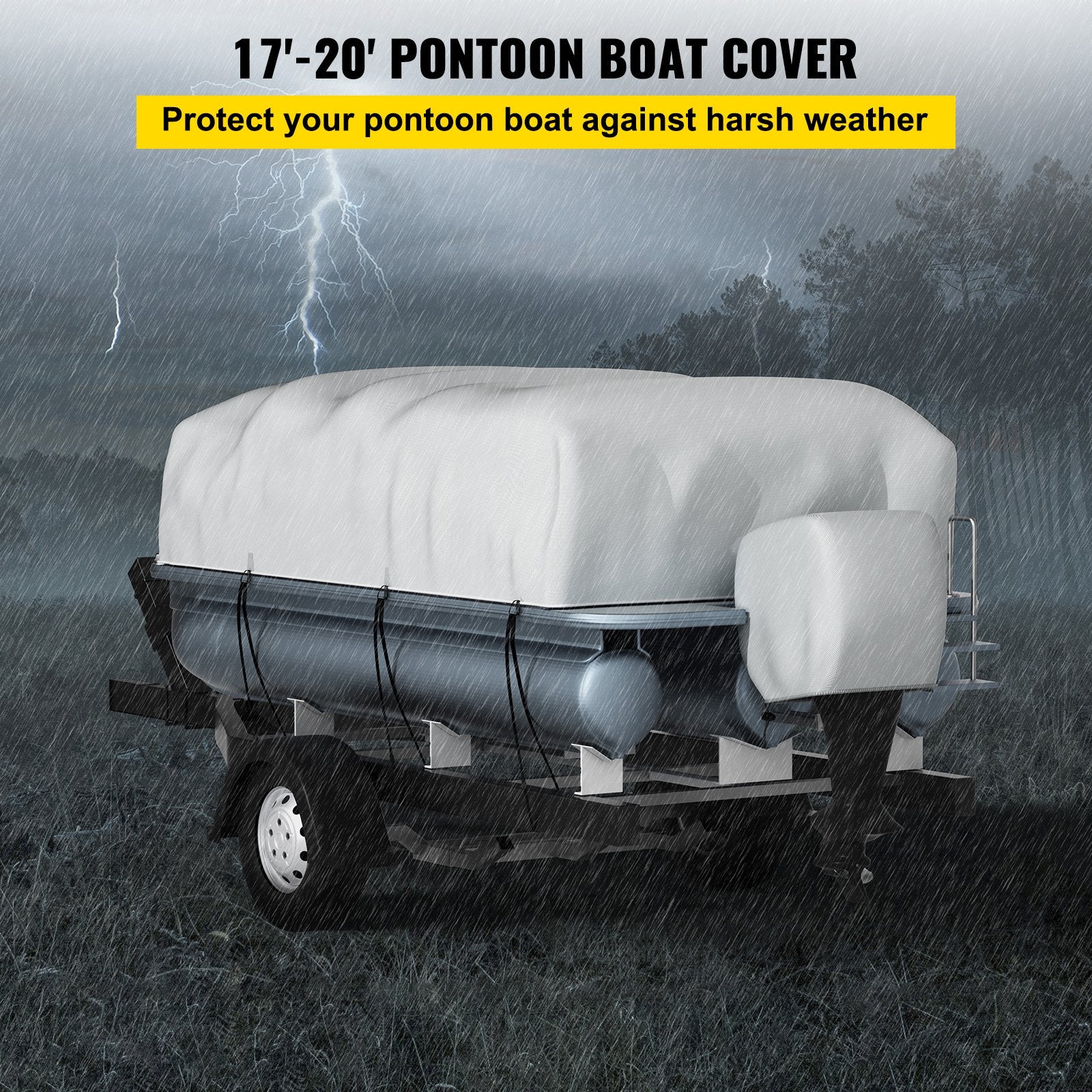 Poncho boat cover protecting a pontoon boat against harsh weather with a stormy background.