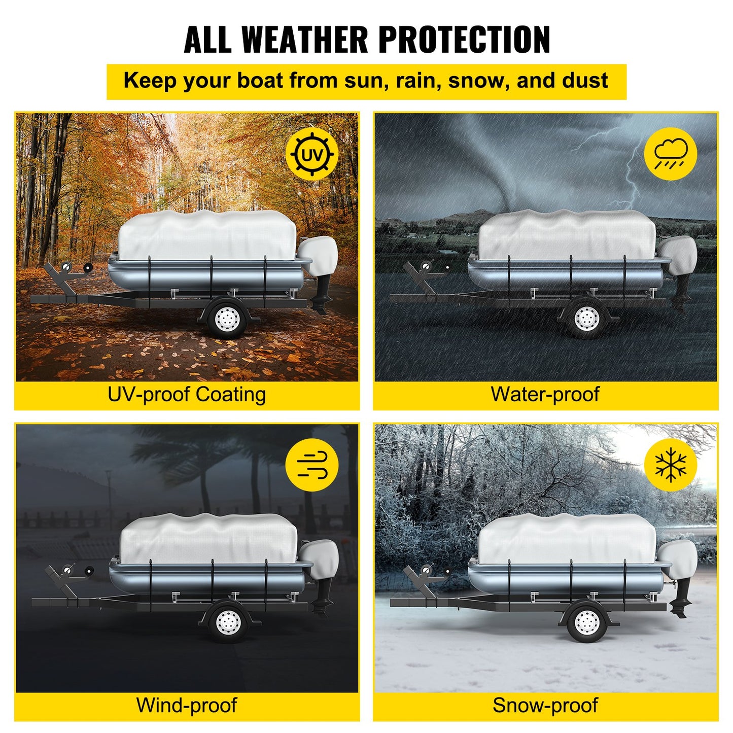 All-weather protection for a boat with UV, water, wind, and snow protection features.
