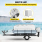 Boat cover with reinforced details on a trailer against a beach background