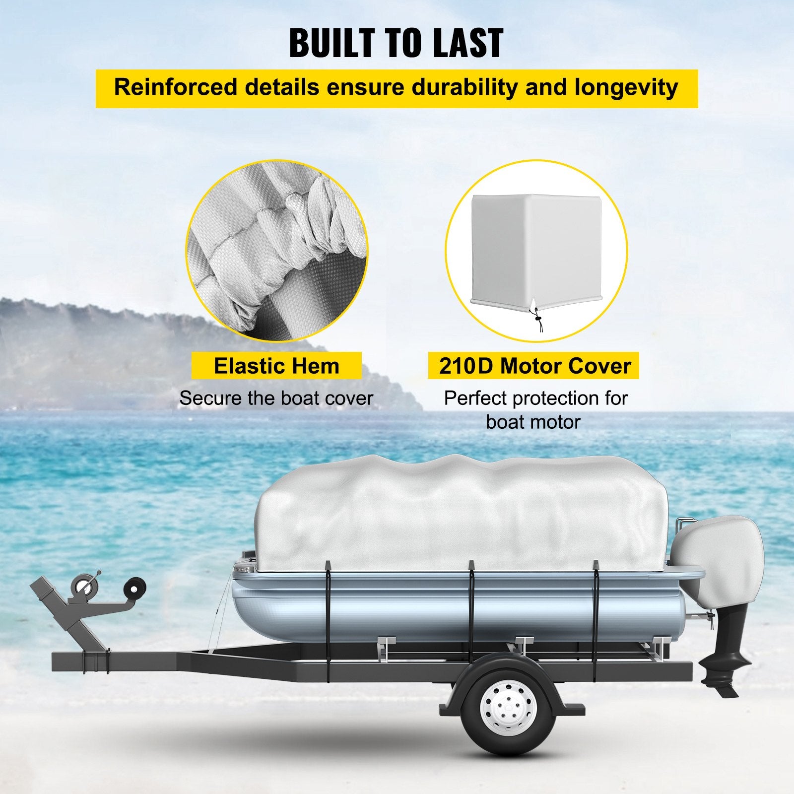 Boat cover with reinforced details on a trailer against a beach background