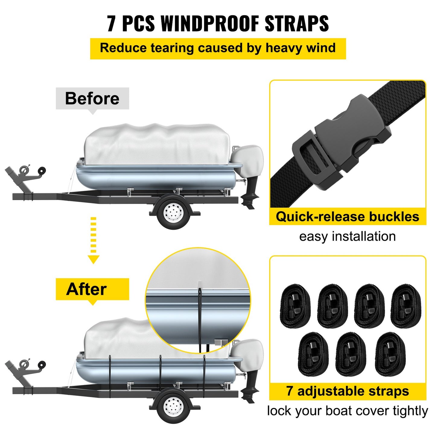 7-piece windproof strap set for boat covers with before and after illustration.
