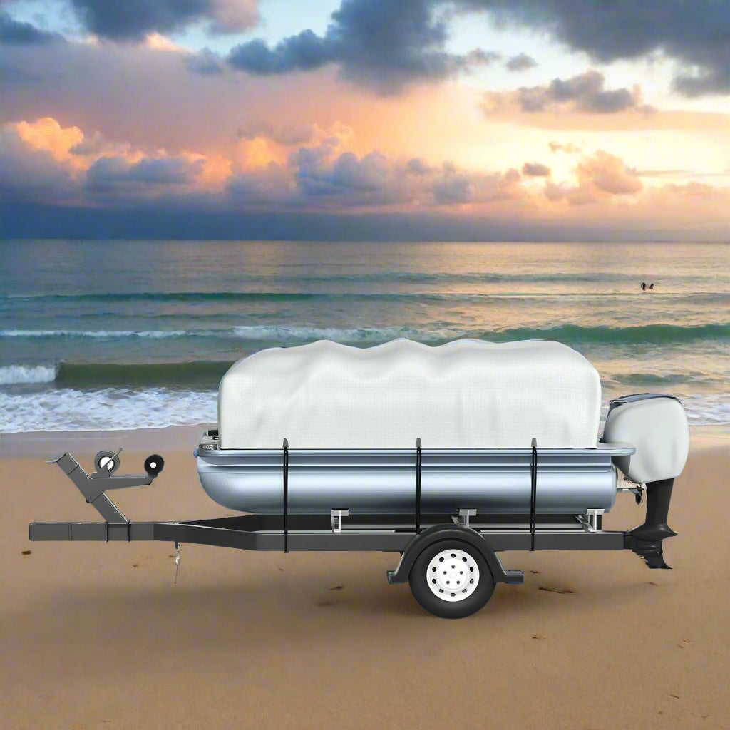 Boat on a trailer covered with a white blanket in a snowy landscape