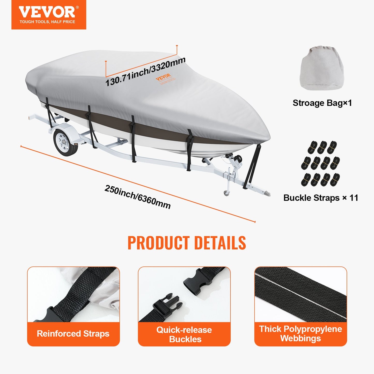 Boat Cover 600D Waterproof 16-18.5 ft Boat Cover V-Hull Tri-Hull Runabout
