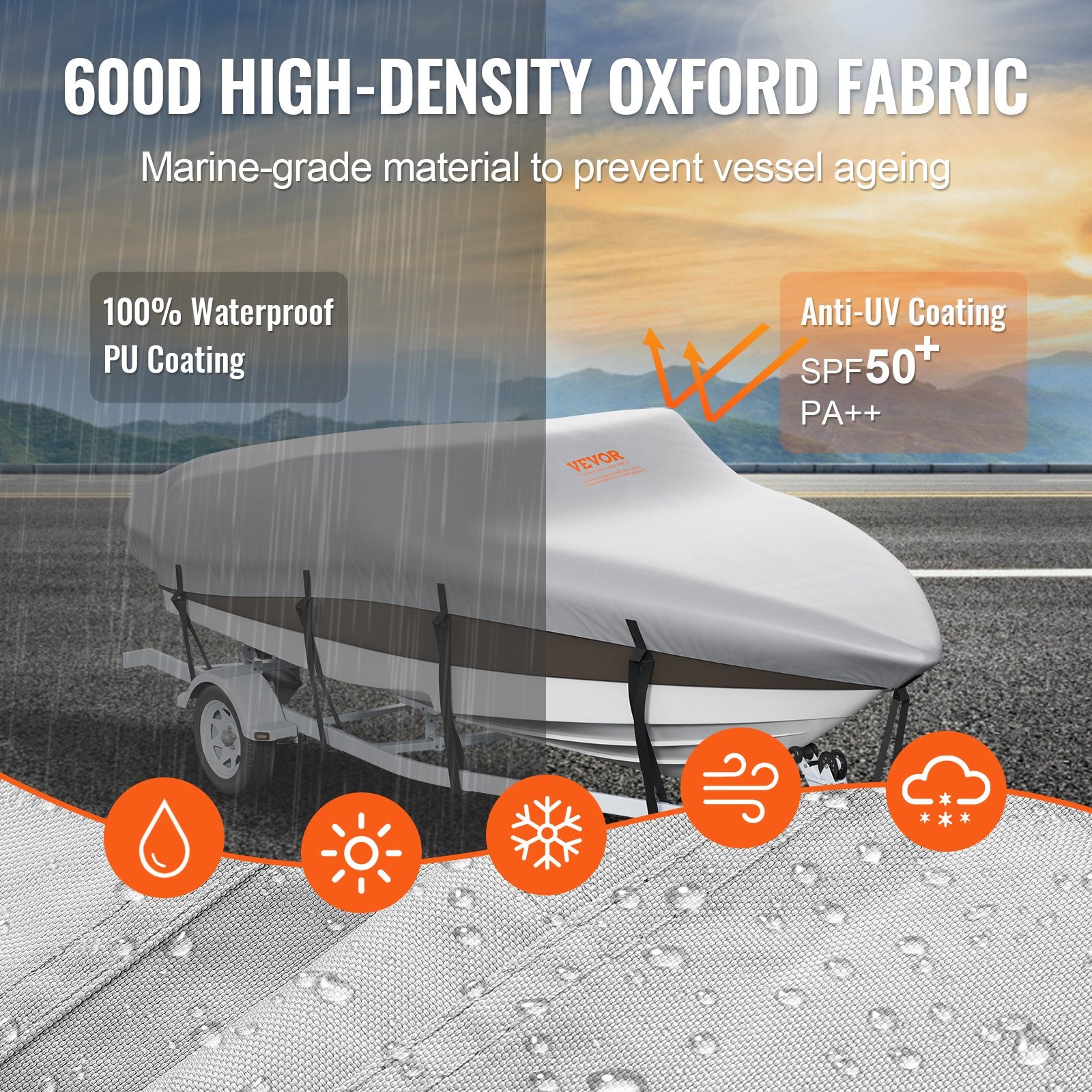 Boat cover with high-density Oxford fabric features, waterproof PU coating, and anti-UV coating on a scenic background.