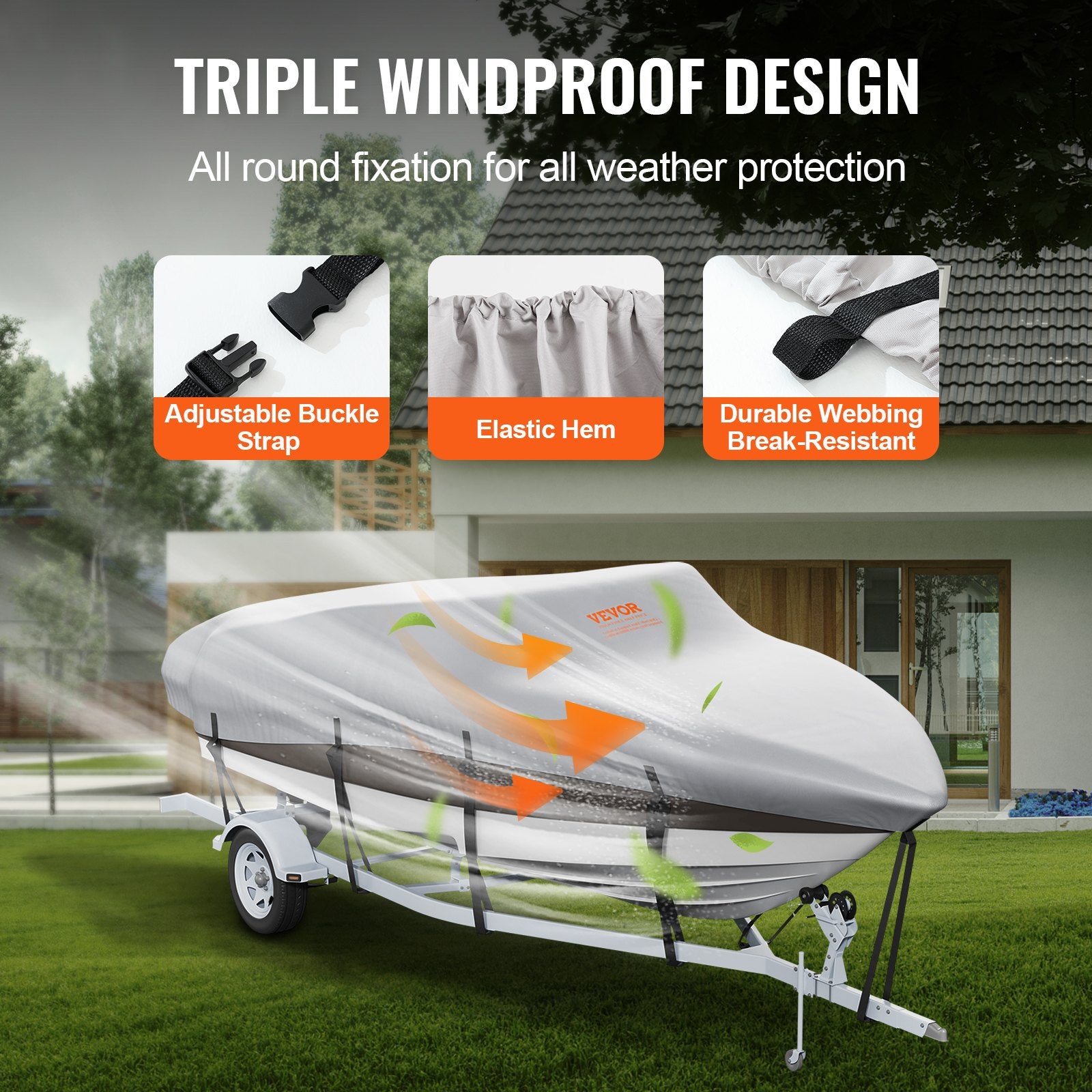 Triple windproof boat cover with adjustable buckle strap, elastic hem, and durable webbing on a grassy area.
