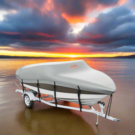 Boat on a trailer with a cover against a scenic background