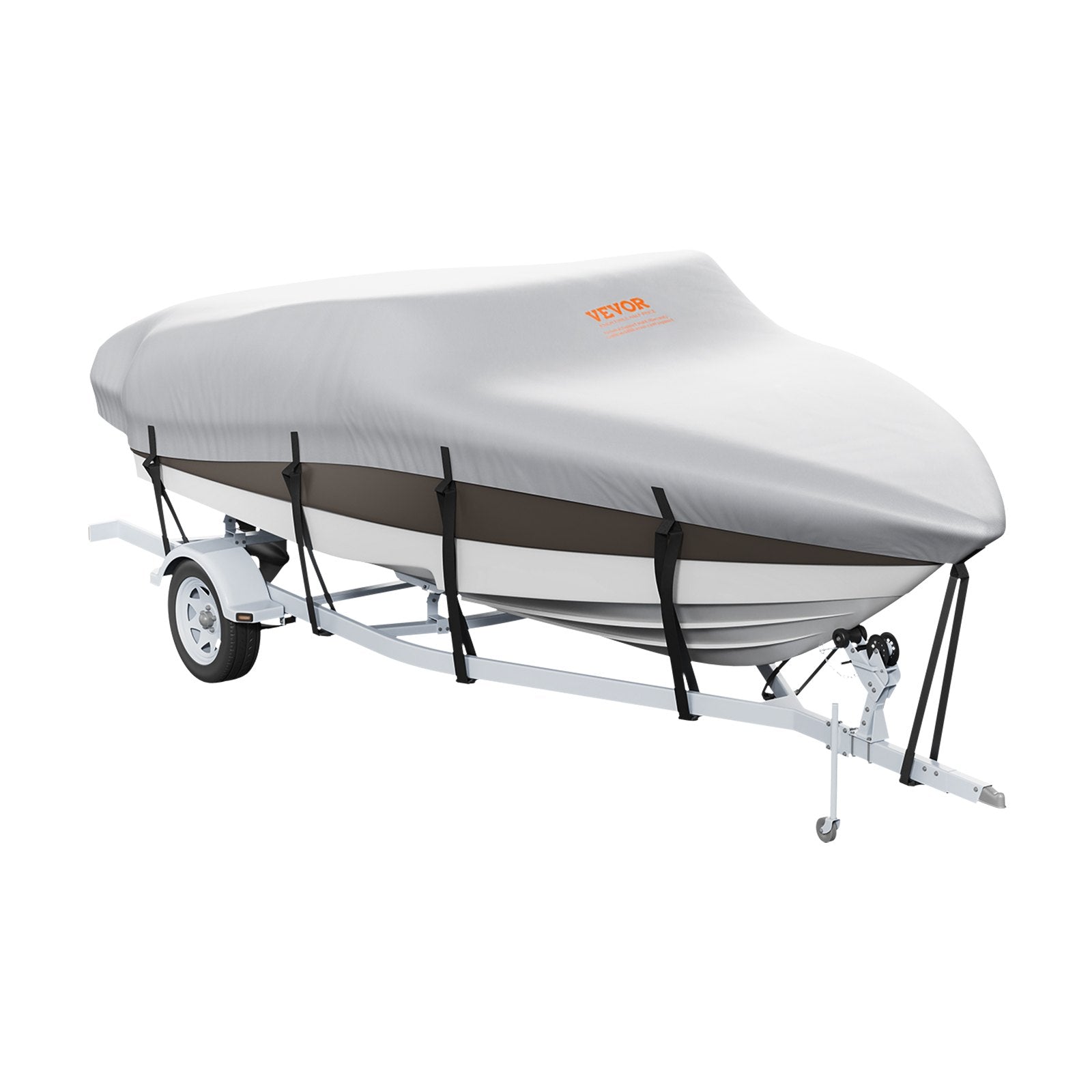 Boat on a trailer with a gray cover, featuring the brand 'Tron'.