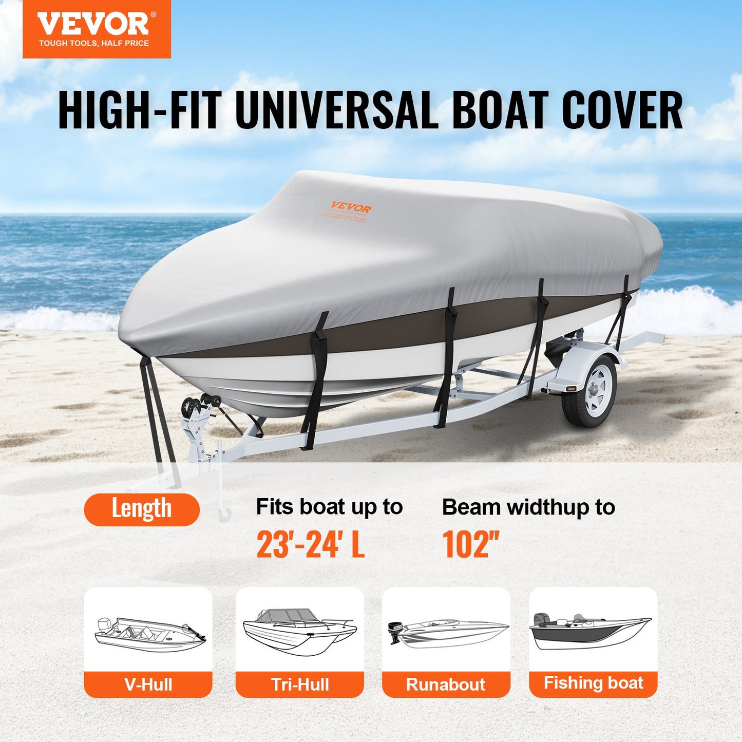 Vevor high-fit universal boat cover on a trailer with ocean background