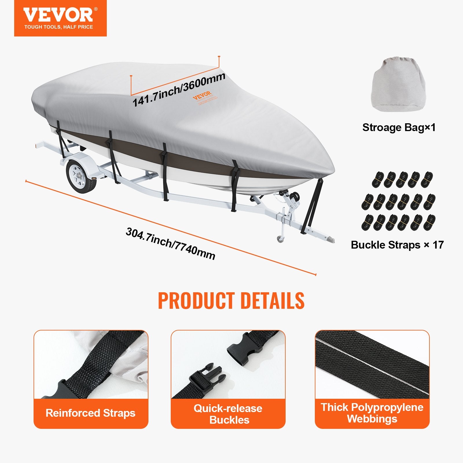 Boat cover with storage bag and straps on a white background, featuring VEVOR branding.
