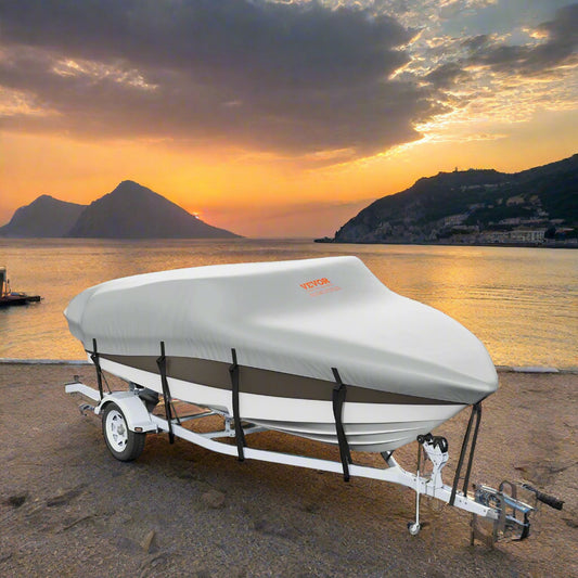 Boat on a trailer with a cover against a scenic background