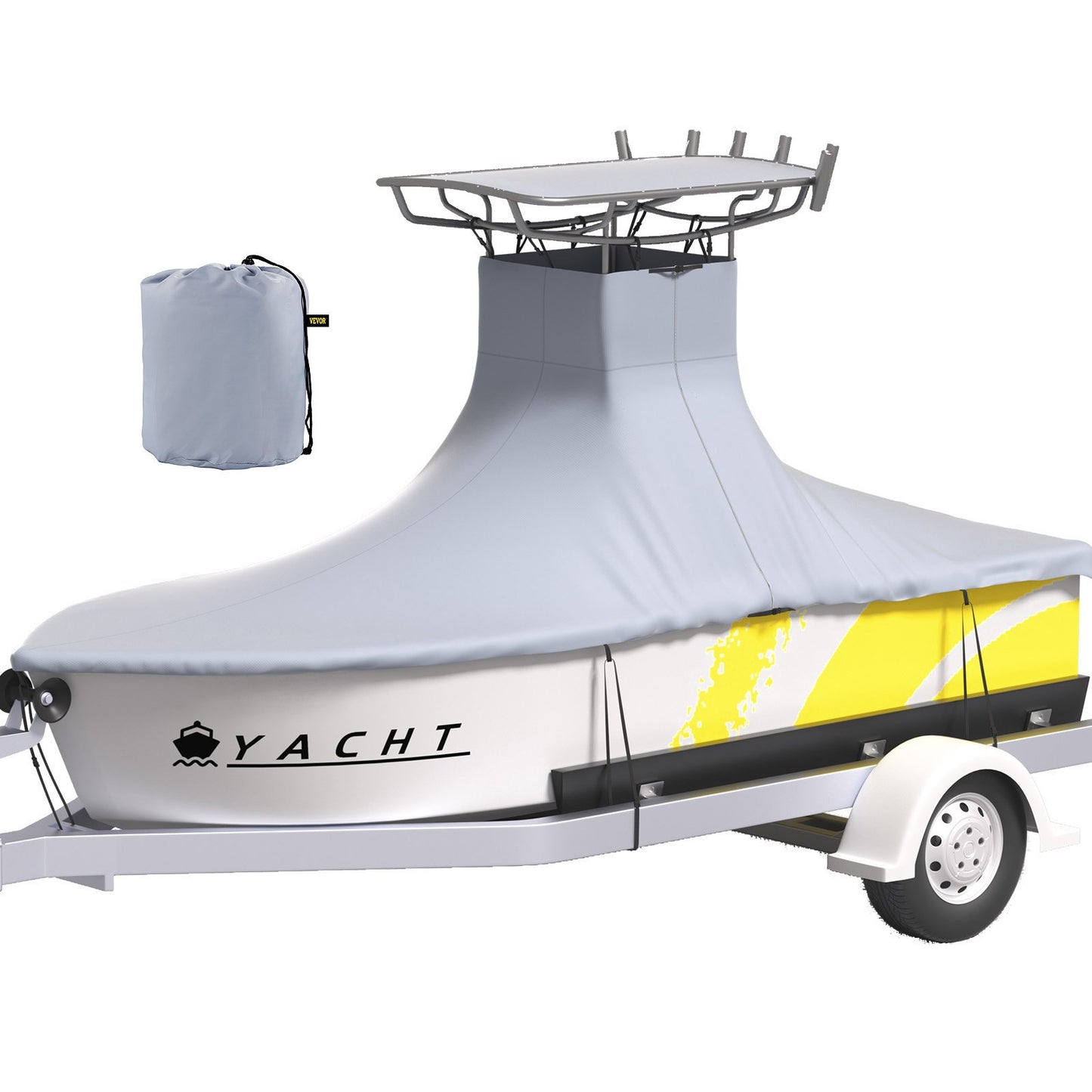 Small boat with a cover and trailer on a white background
