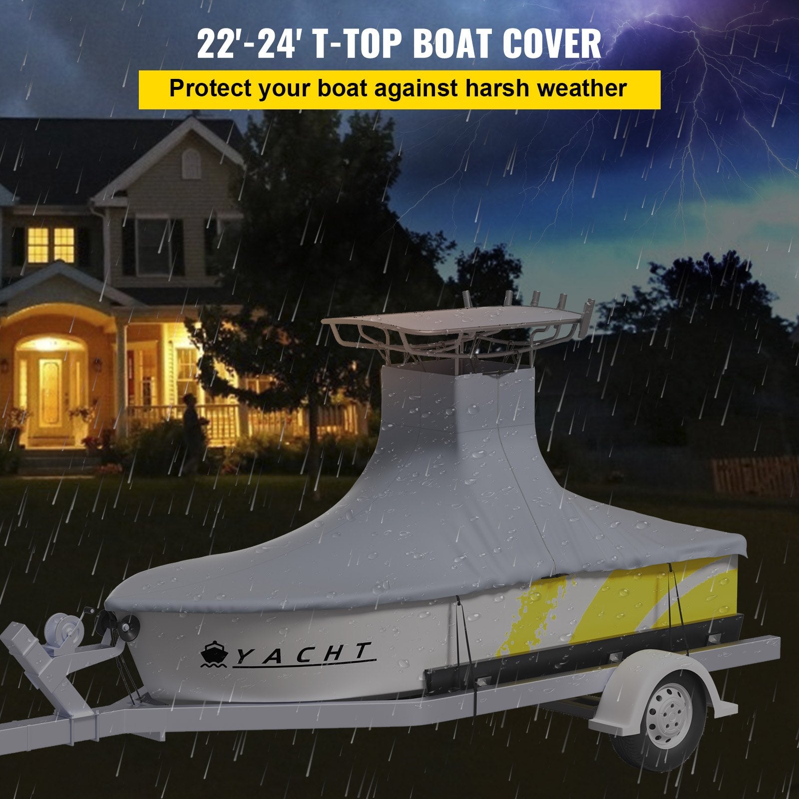Boat cover protecting a boat from rain with a house in the background