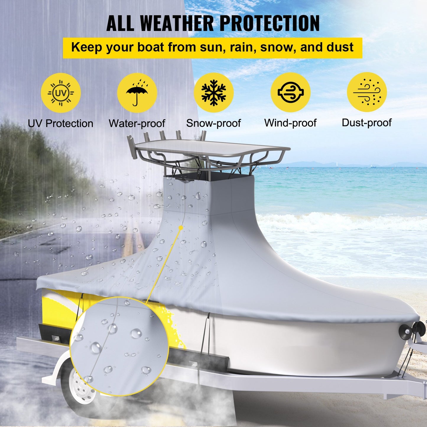 Boat cover with all weather protection features on a beach background